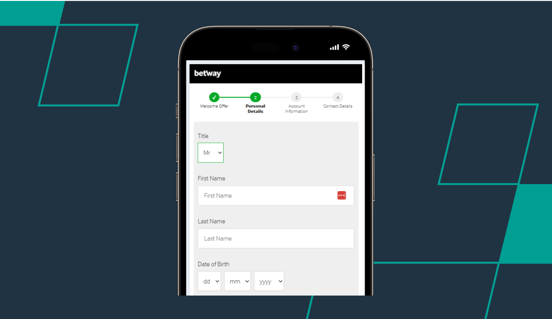 screenshot of betway sign-up page
