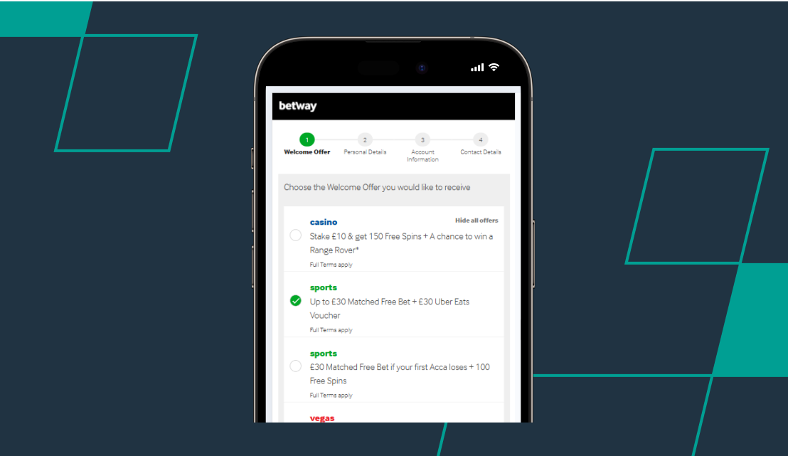 screenshot of betway welcome offer selection page