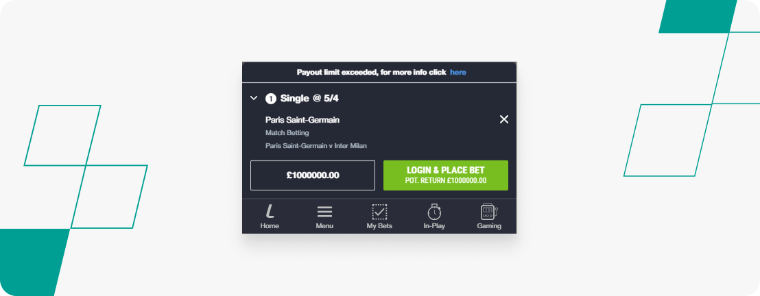 A screenshot showing an exceeded amount for payout for a single bet on Paris saint germain