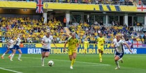 Millie Bright and Linda Sabrant Chase The Ball in 2025 Qualifying Match Between England and Sweden.