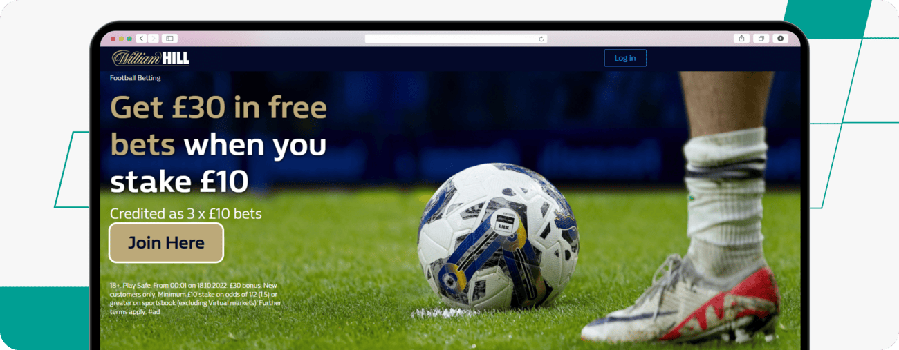 screenshot of william hill bet 10 get 30 welcome offer