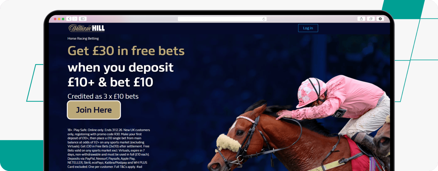 screenshot of william hill bet 10 get 30 welcome offer