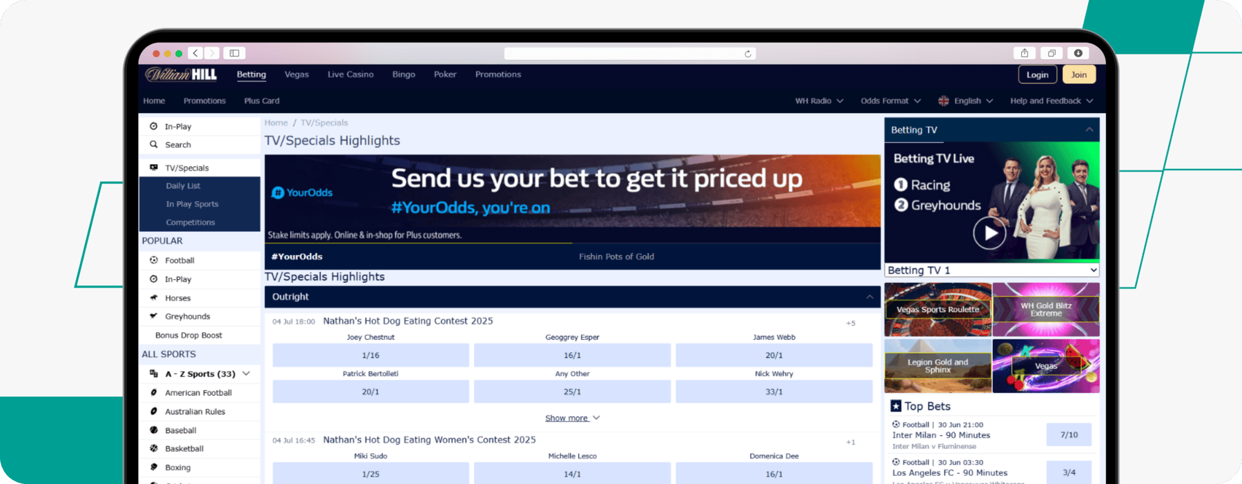 screenshot of william hill novelty betting page