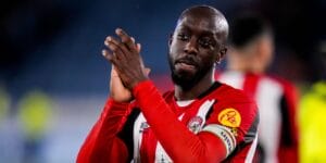 Yoane Wissa applauds after the Premier League match between Leicester City FC and Brentford DC