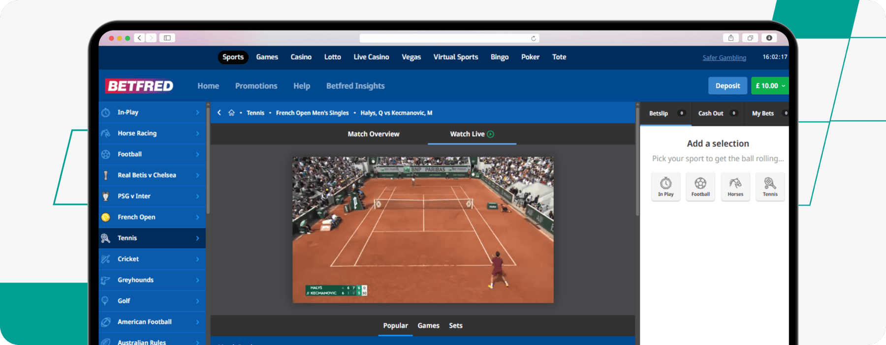 Betfred Livestreaming showing live tennis