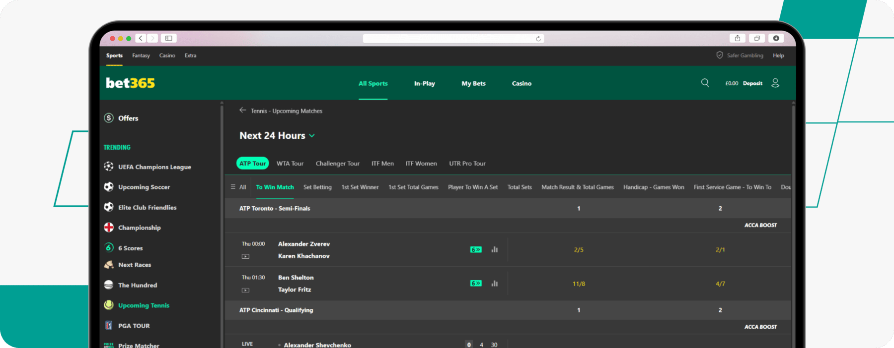 A screenshot of bet365 tennis market