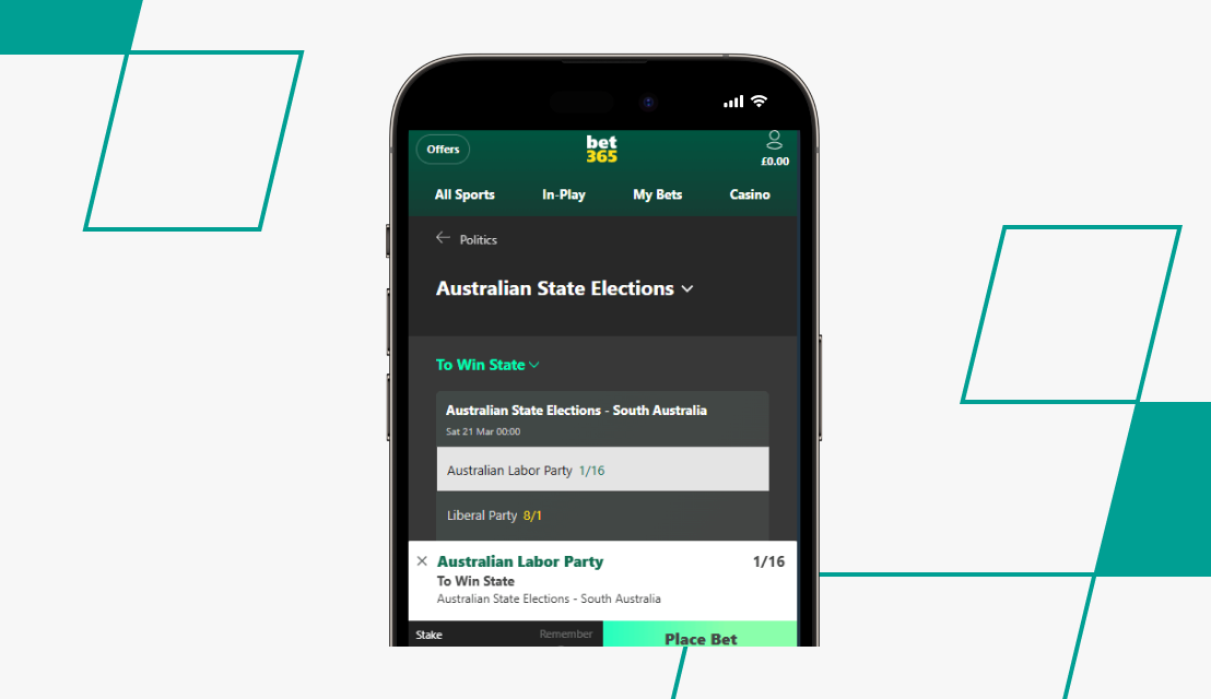 screenshot of bet365 politics bet slip
