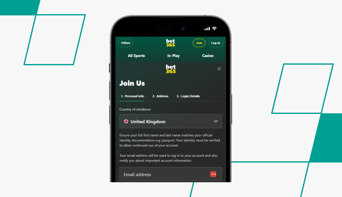 screenshot of bet365 registration form