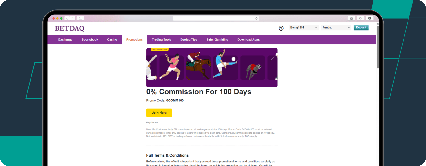 screenshot of betdaq 0 commission welcome offer