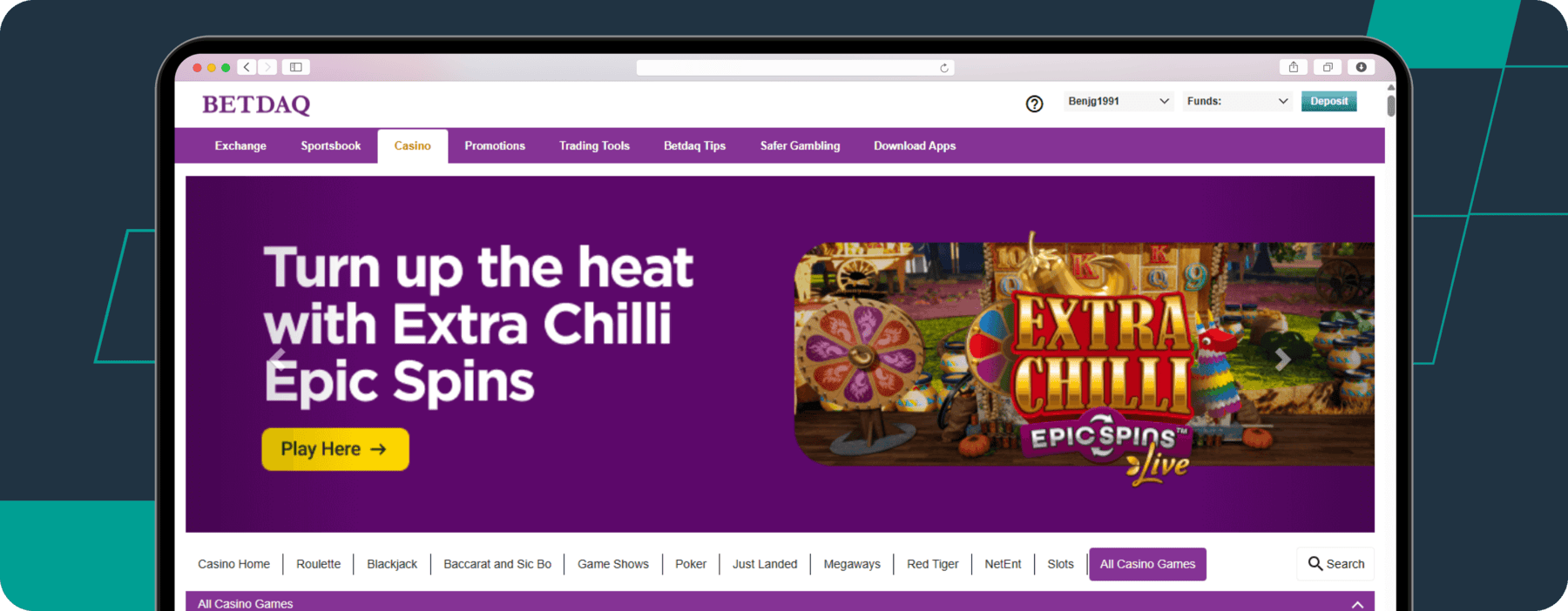 screenshot of betdaq casino homepage