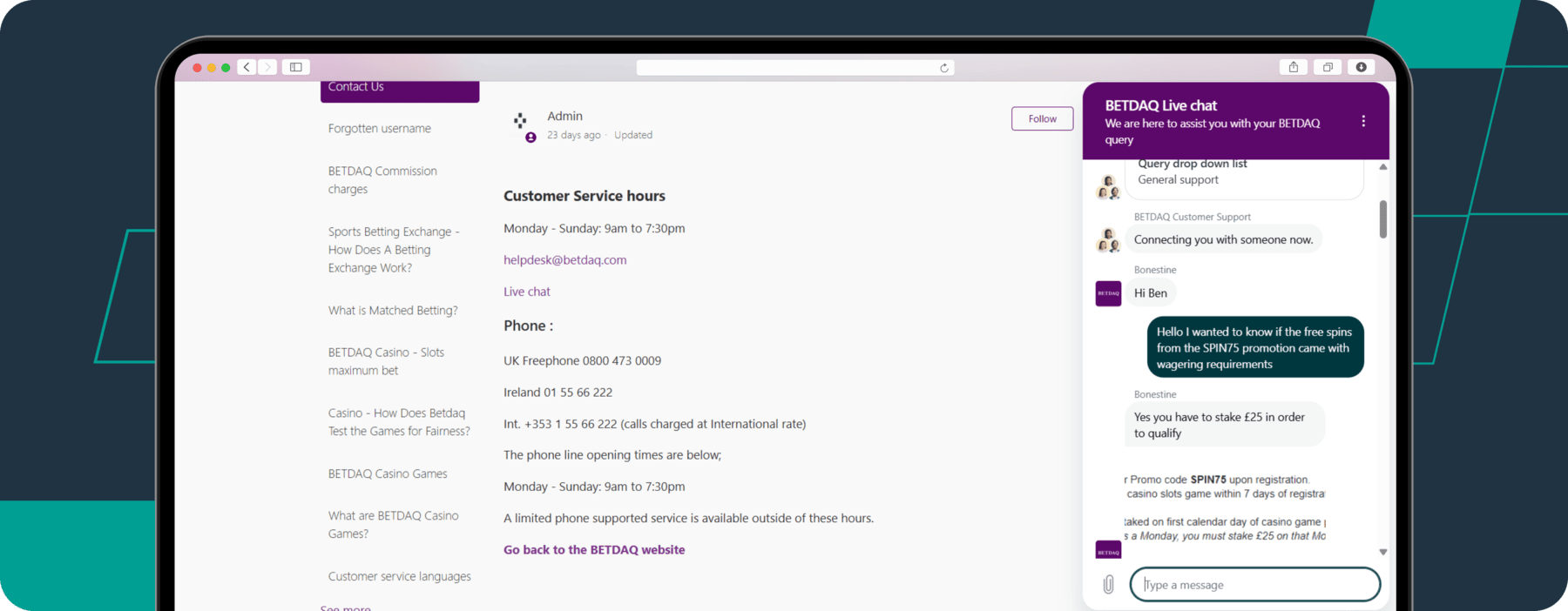 screenshot of betdaq live chat
