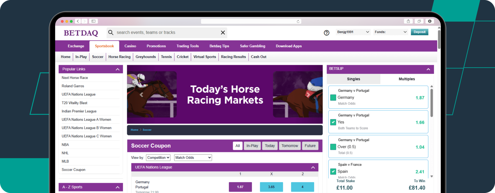 screenshot of betdaq multiples bet slip