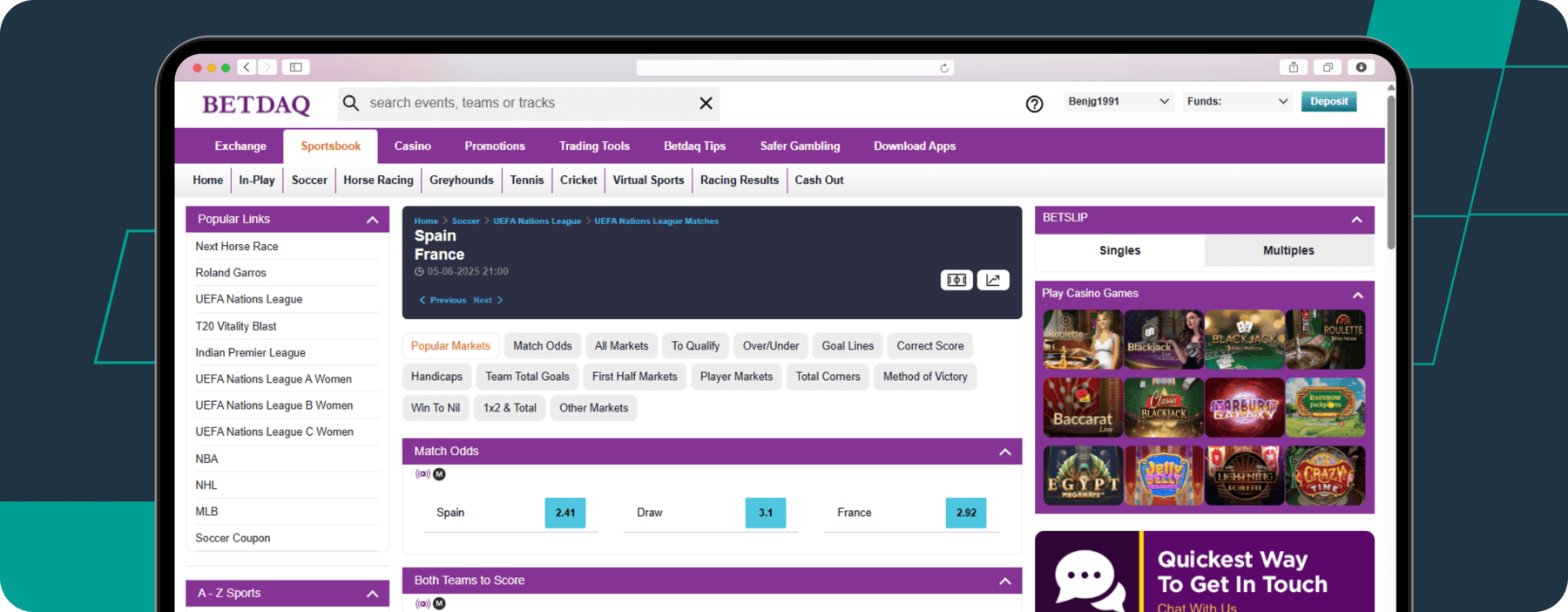screenshot of betdaq nations league odds