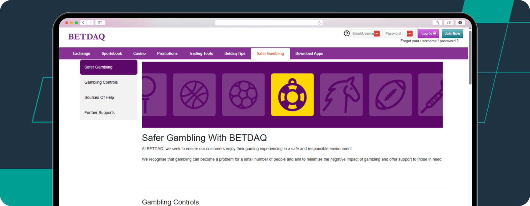 screenshot of betdaq responsible gambling page