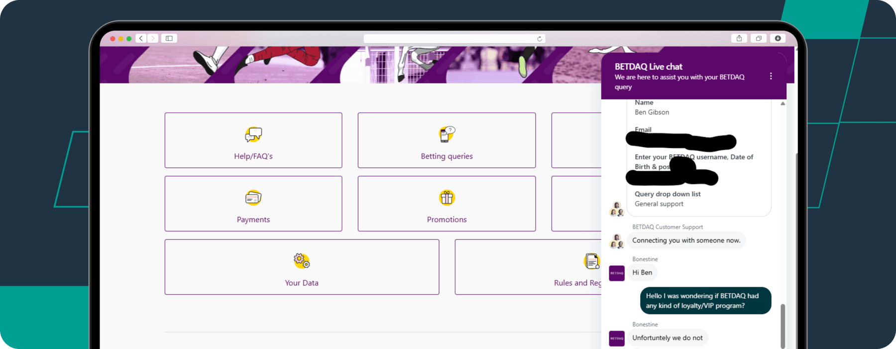 screenshot of betdaq live chat on vip programme