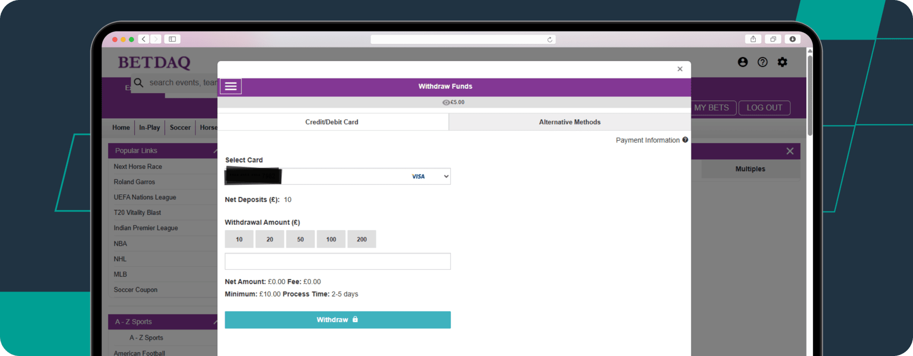 screenshot of betdaq withdrawal page