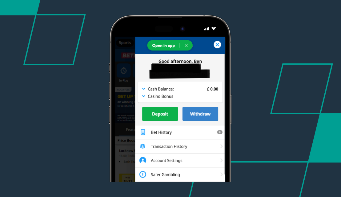 screenshot of betfred account page