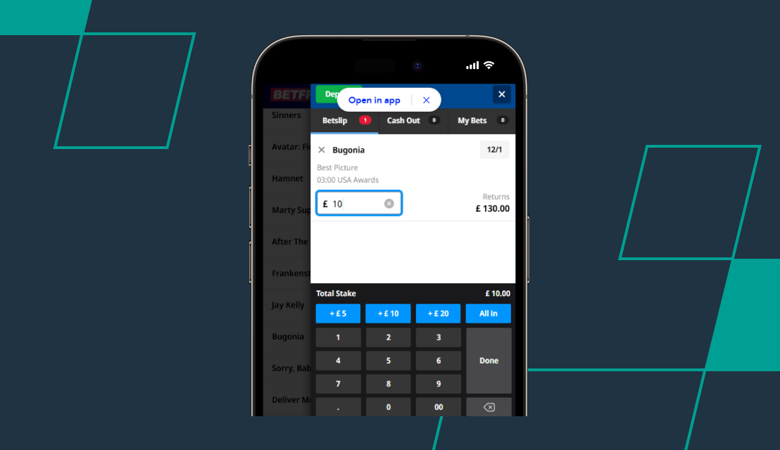 screenshot of betfred oscars bet slip
