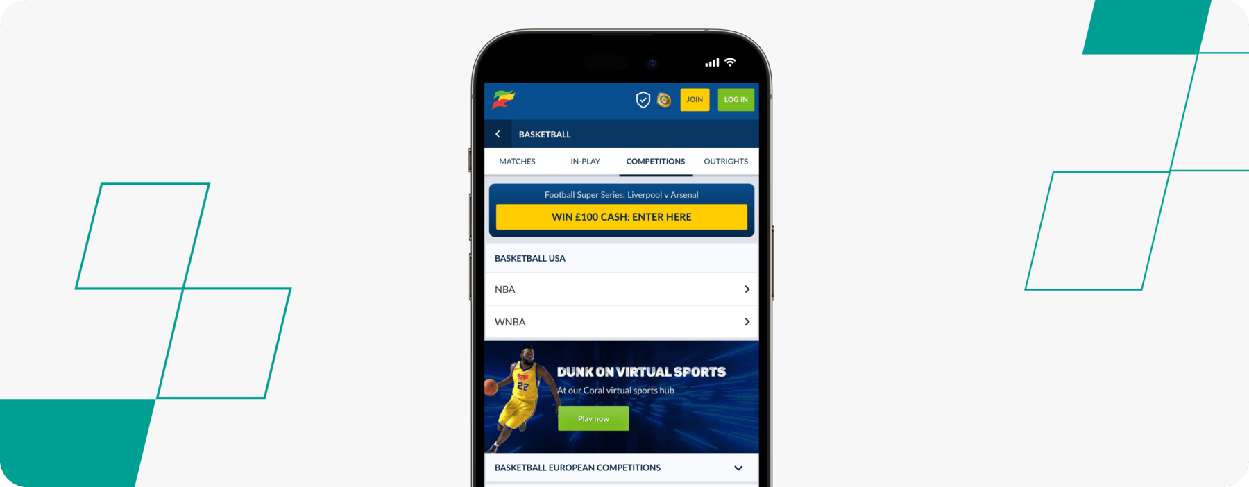 screenshot of coral basketball betting page