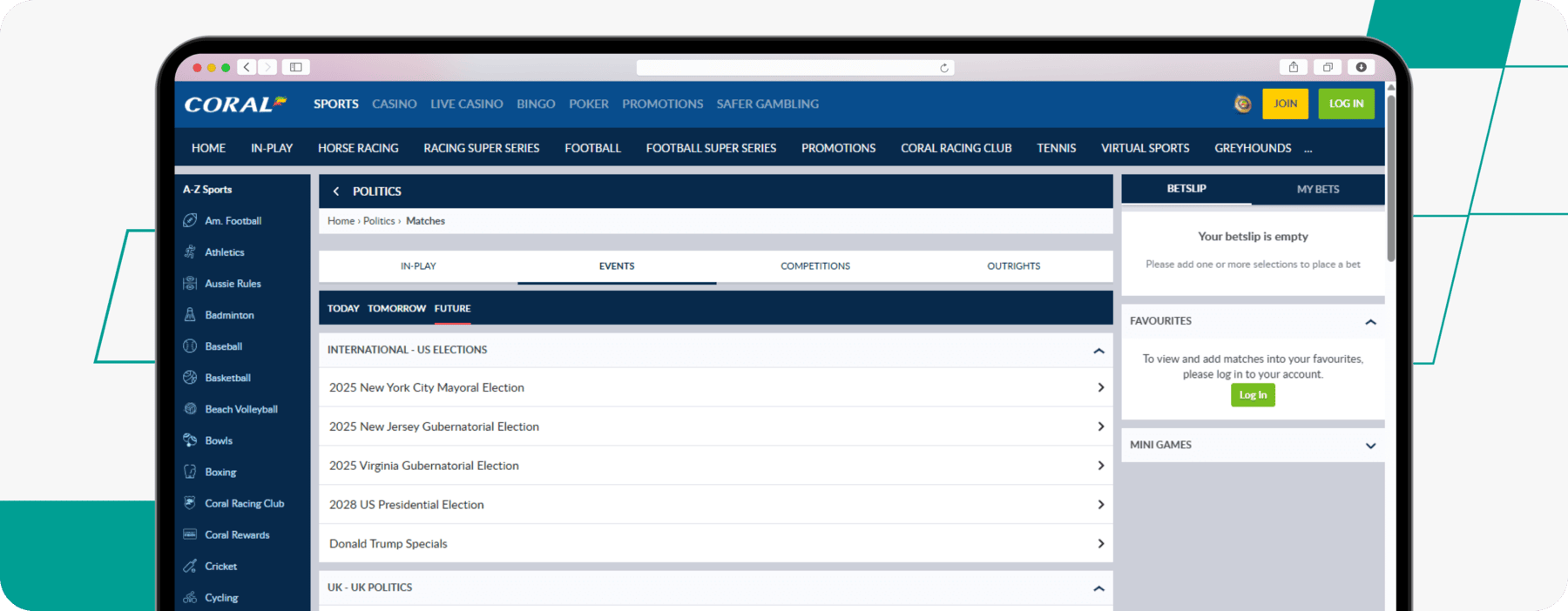 screenshot of coral politics betting page