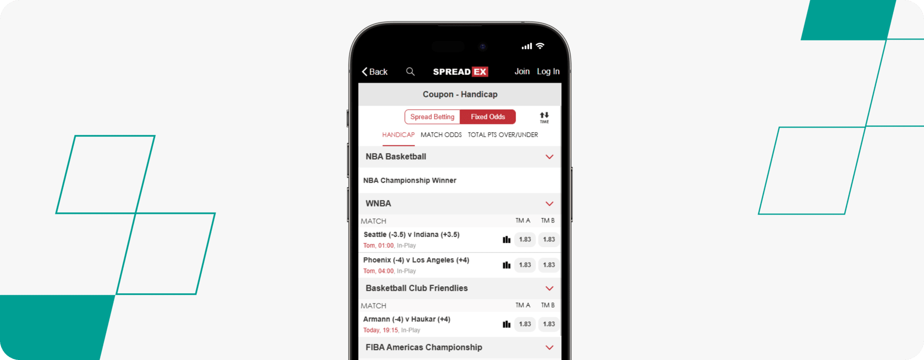 screenshot of spreadex basketball betting page