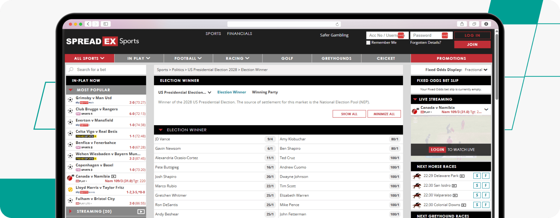 screenshot of spreadex politics betting page