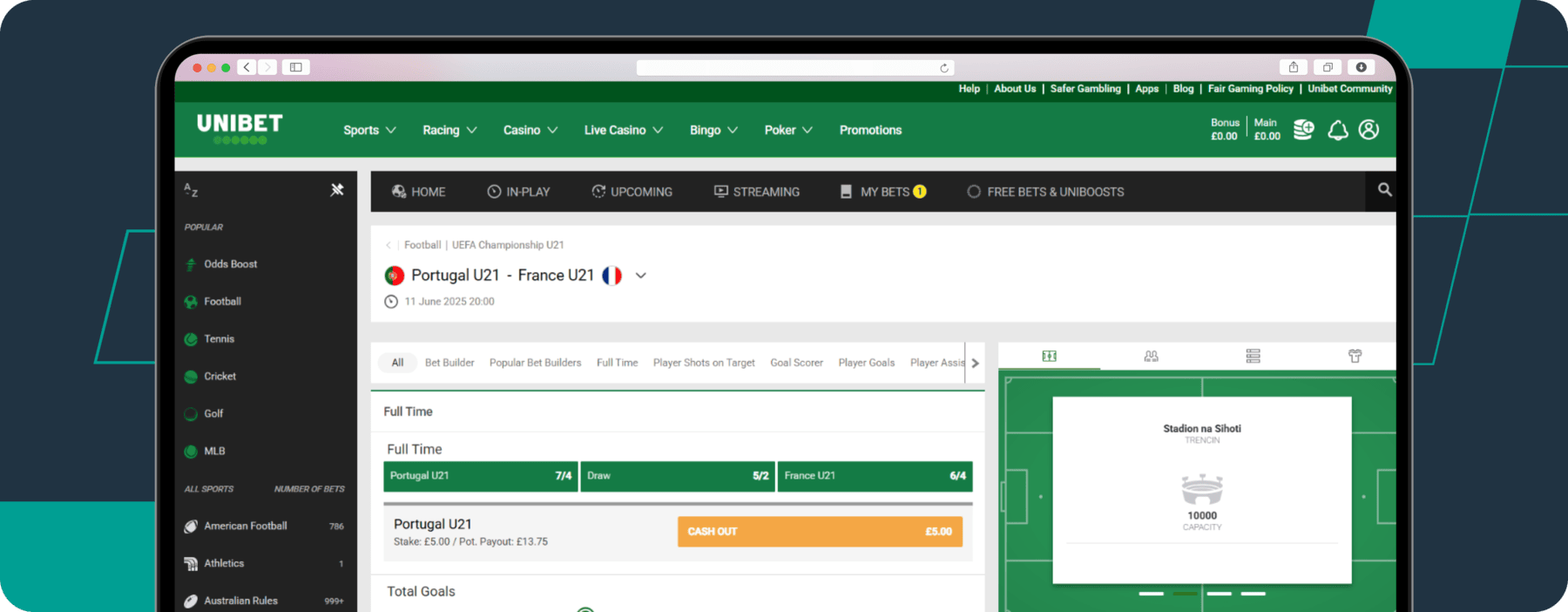 screenshot of unibet cash out feature