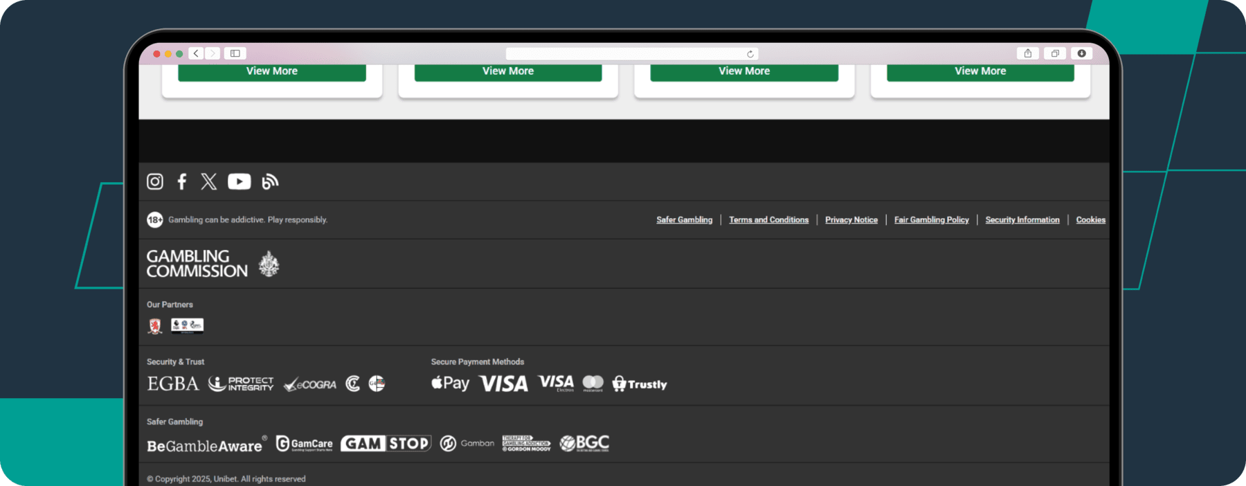screenshot of unibet website footer