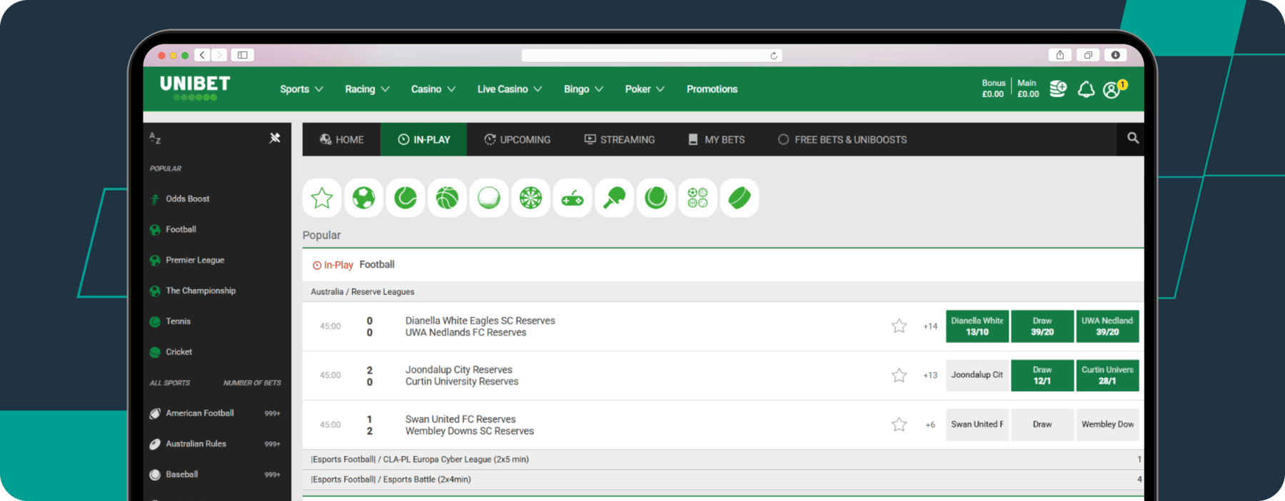 screenshot of unibet live betting page