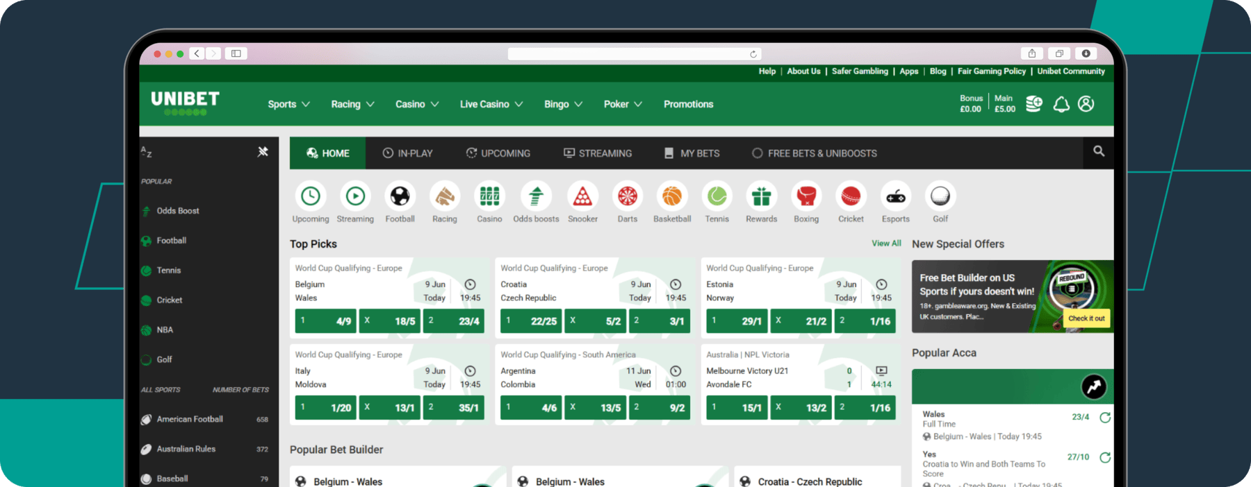 screenshot of unibet sportsbook homepage