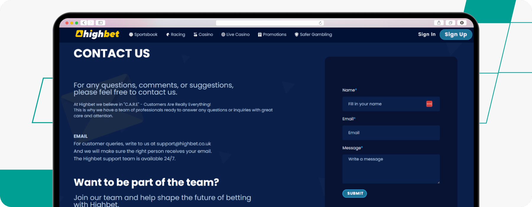 Contact page on Highbet