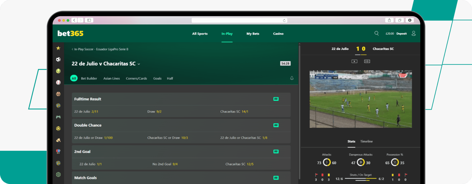 screenshot of bet365 football livestreaming