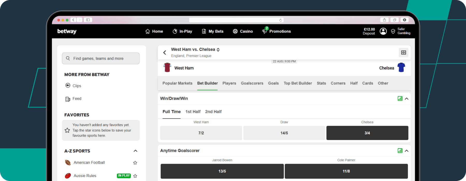 screenshot of betway bet builder feature