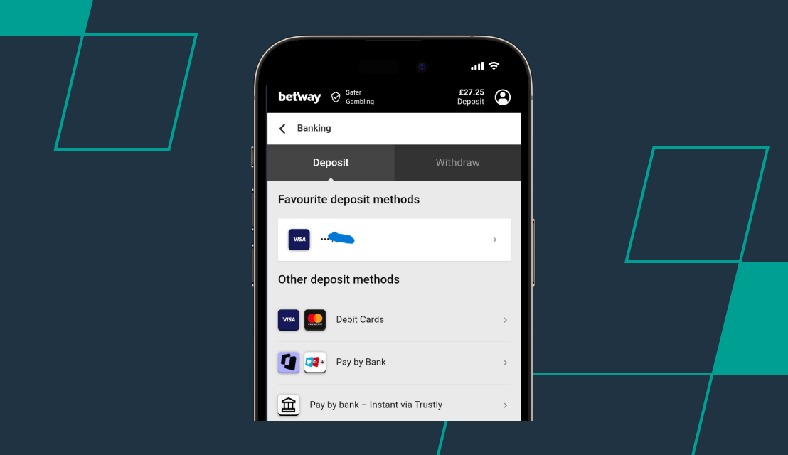 screenshot of betway deposit methods