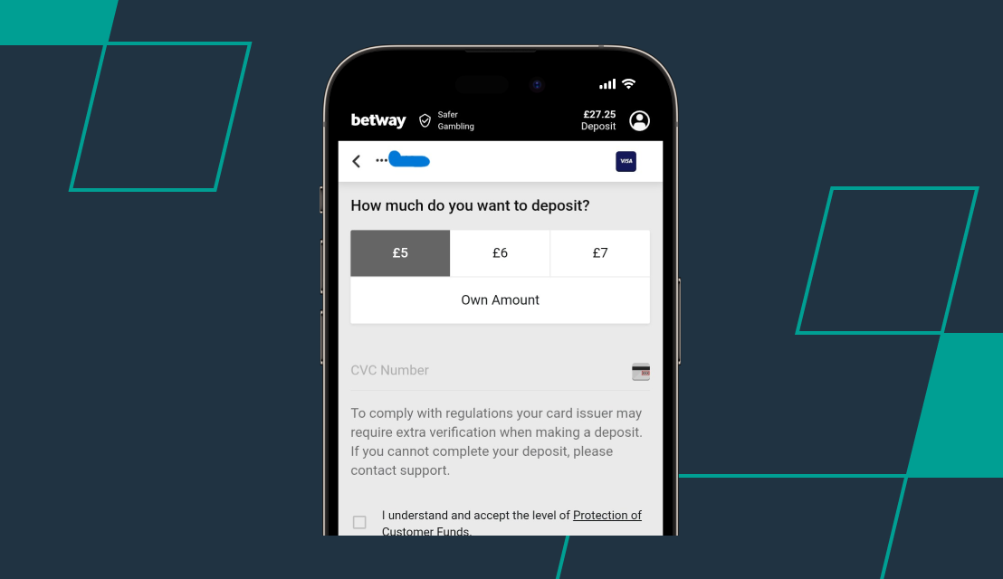 screenshot of betway deposit amount