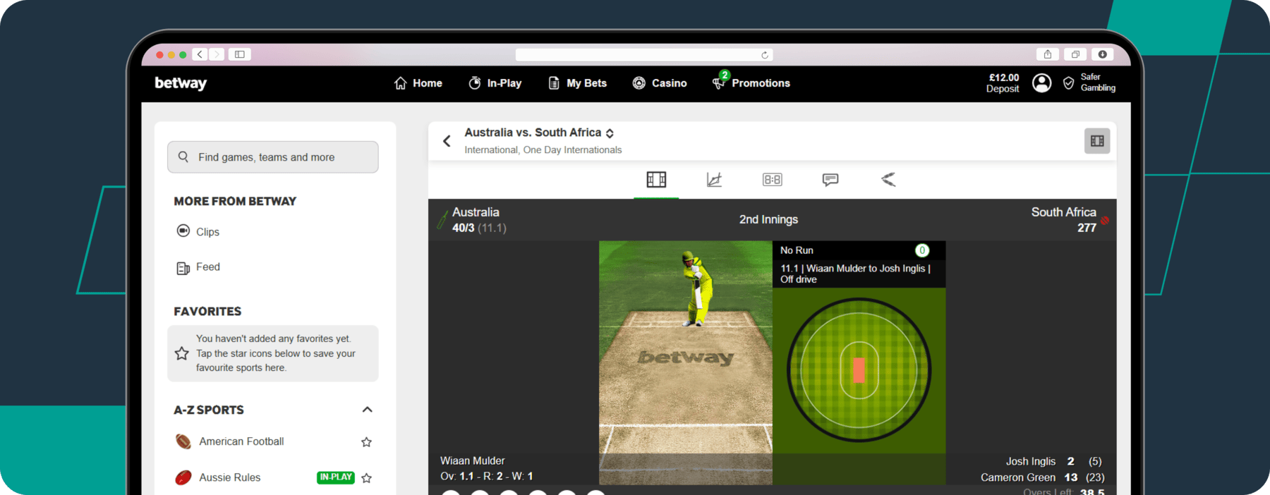 screenshot of betway live betting page