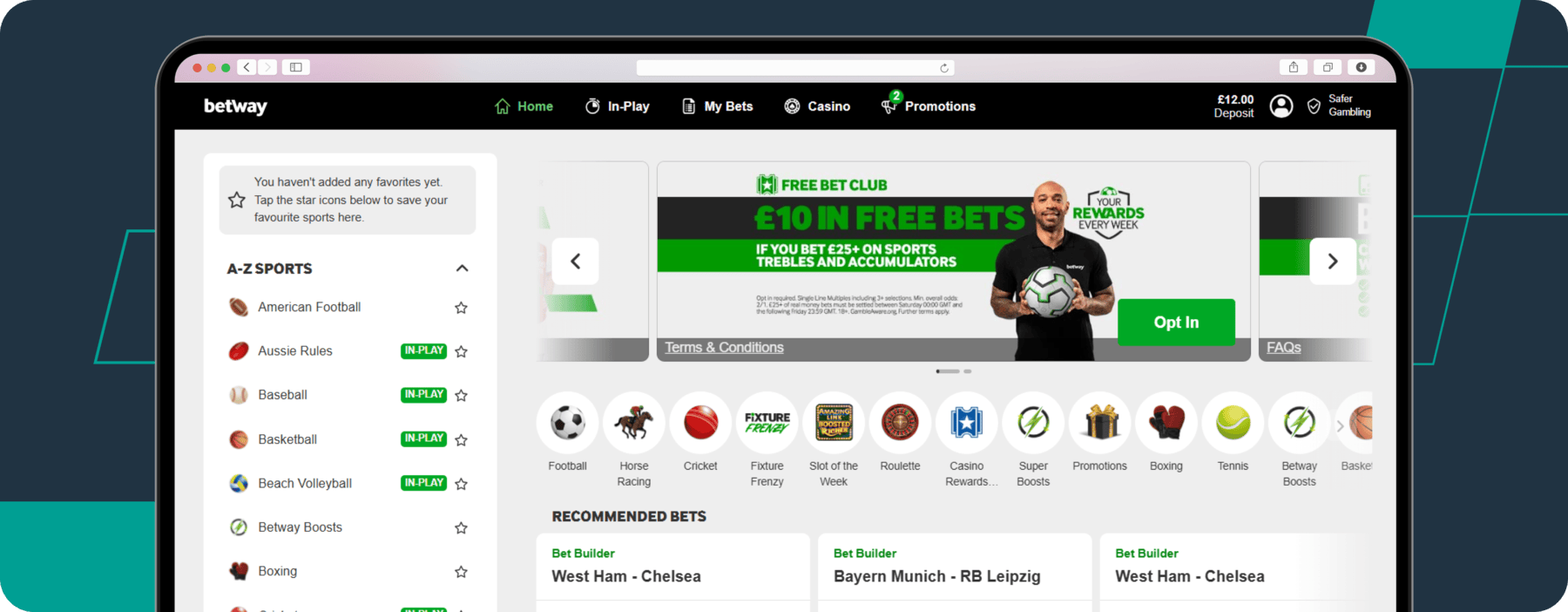 screenshot of betway sportsbook homepage