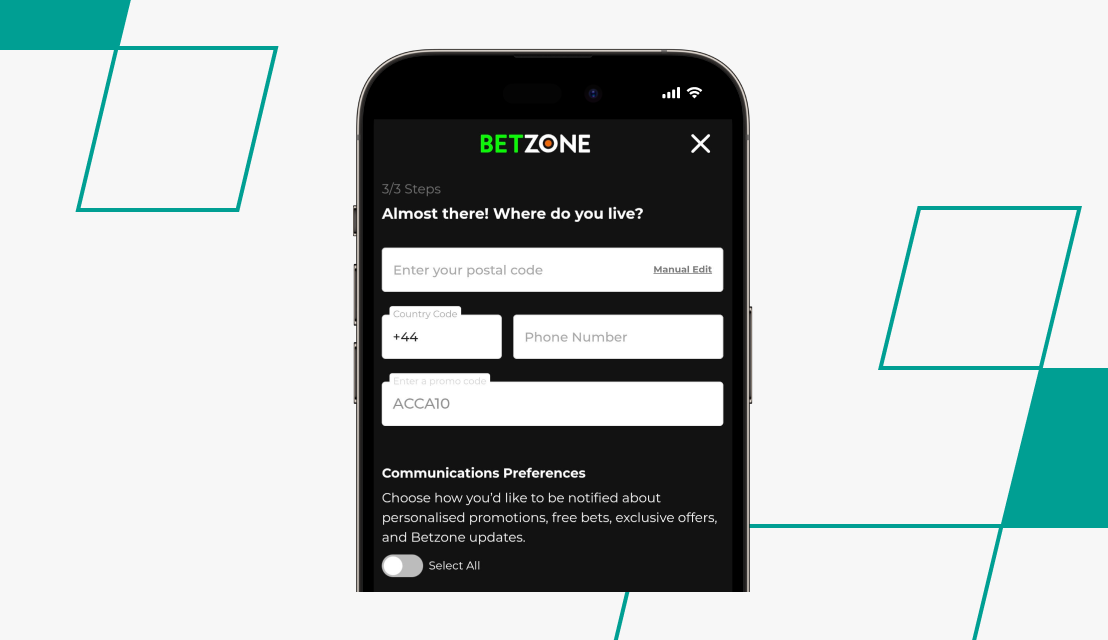 screenshot of betzone promo code field