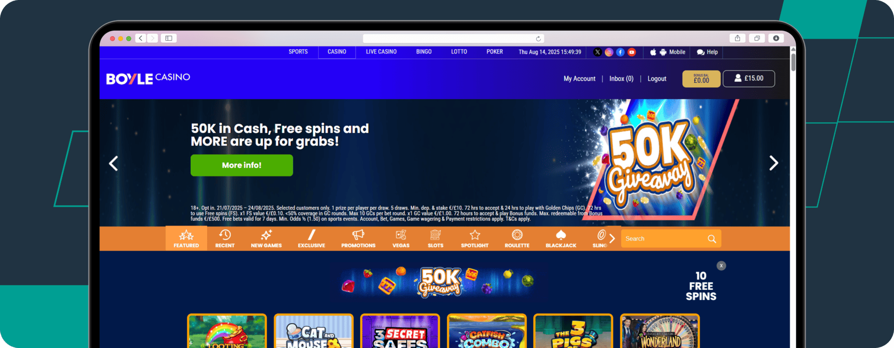 screenshot of boylesports casino homepage