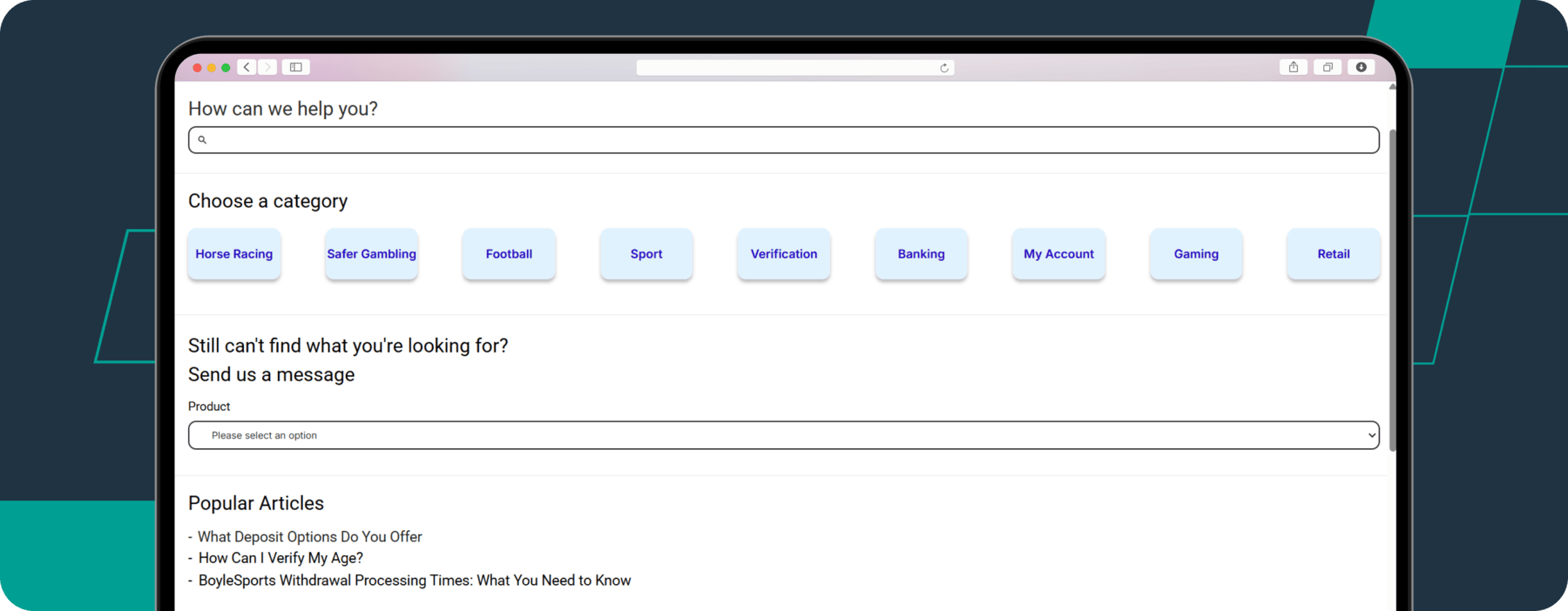 screenshot of boylesports customer support page