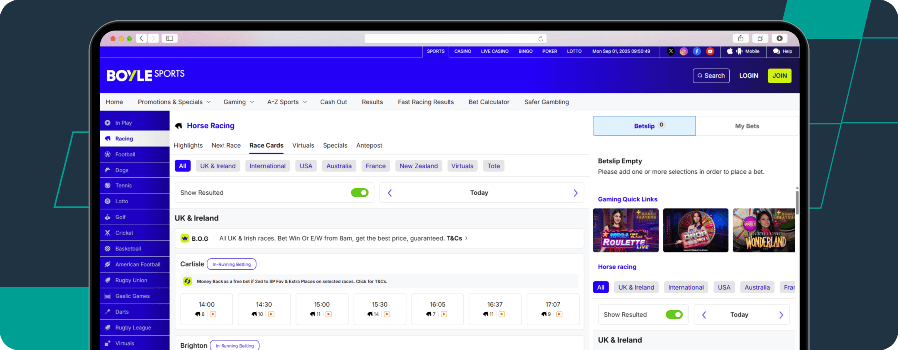 screenshot of boylesports horse racing betting page