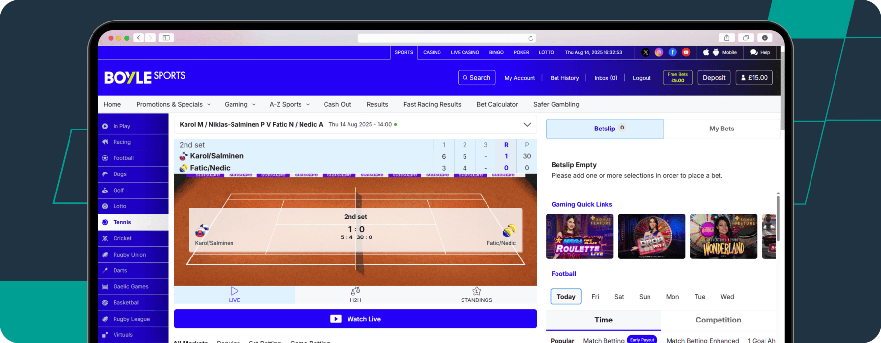 screenshot of boylesports tennis live betting