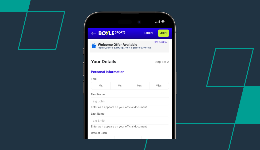 screenshot of boylesports registration process step 2