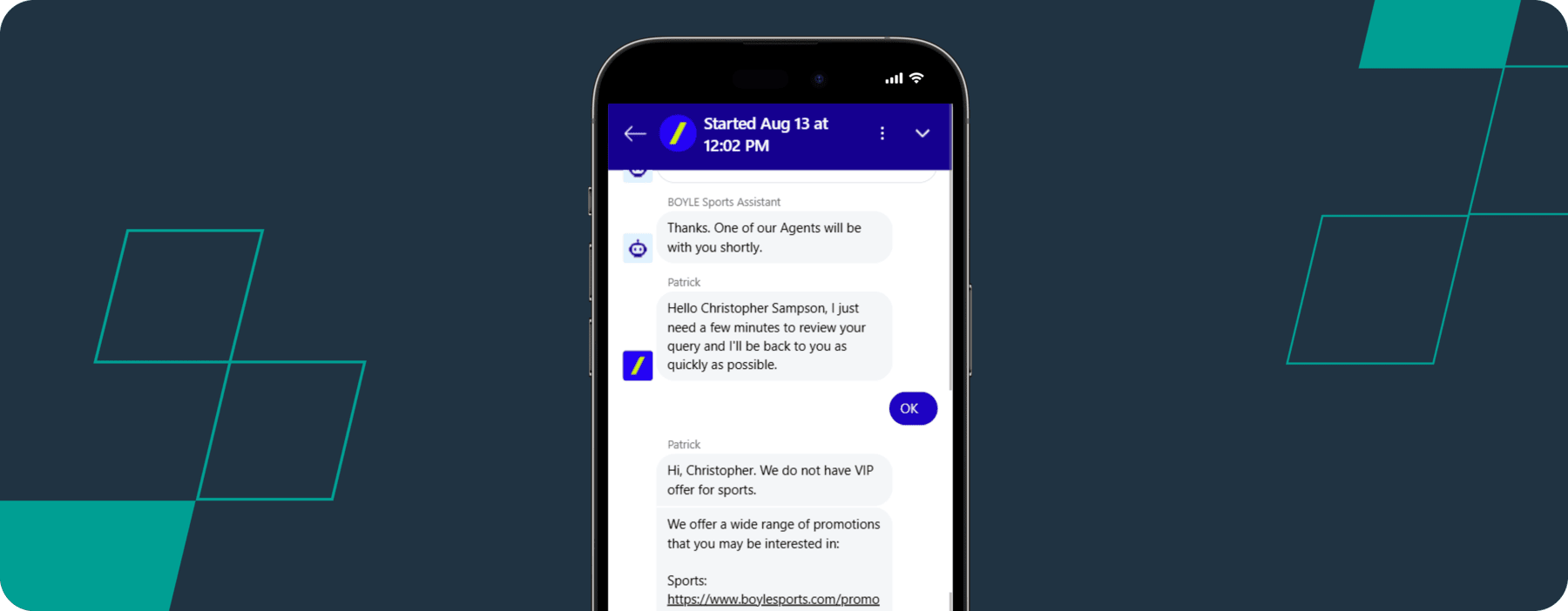 screenshot of boylesports live chat vip query