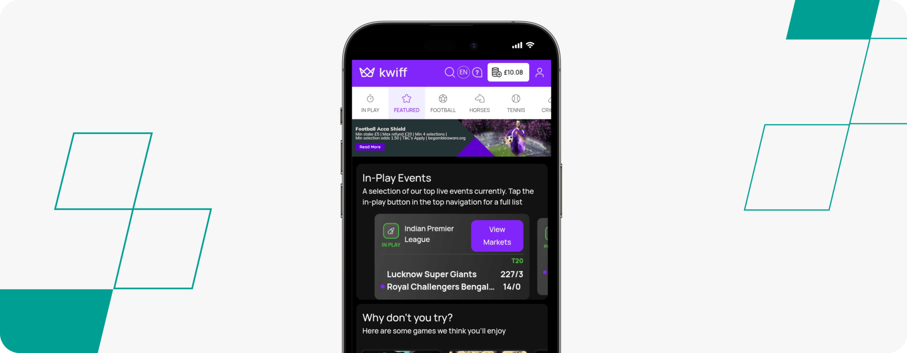 screenshot of kwiff mobile app