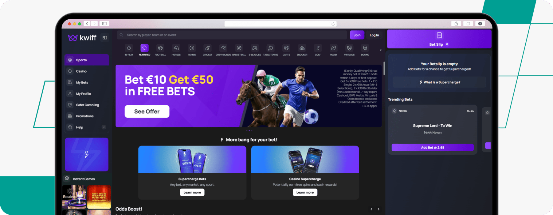 screenshot of kwiff ireland homepage