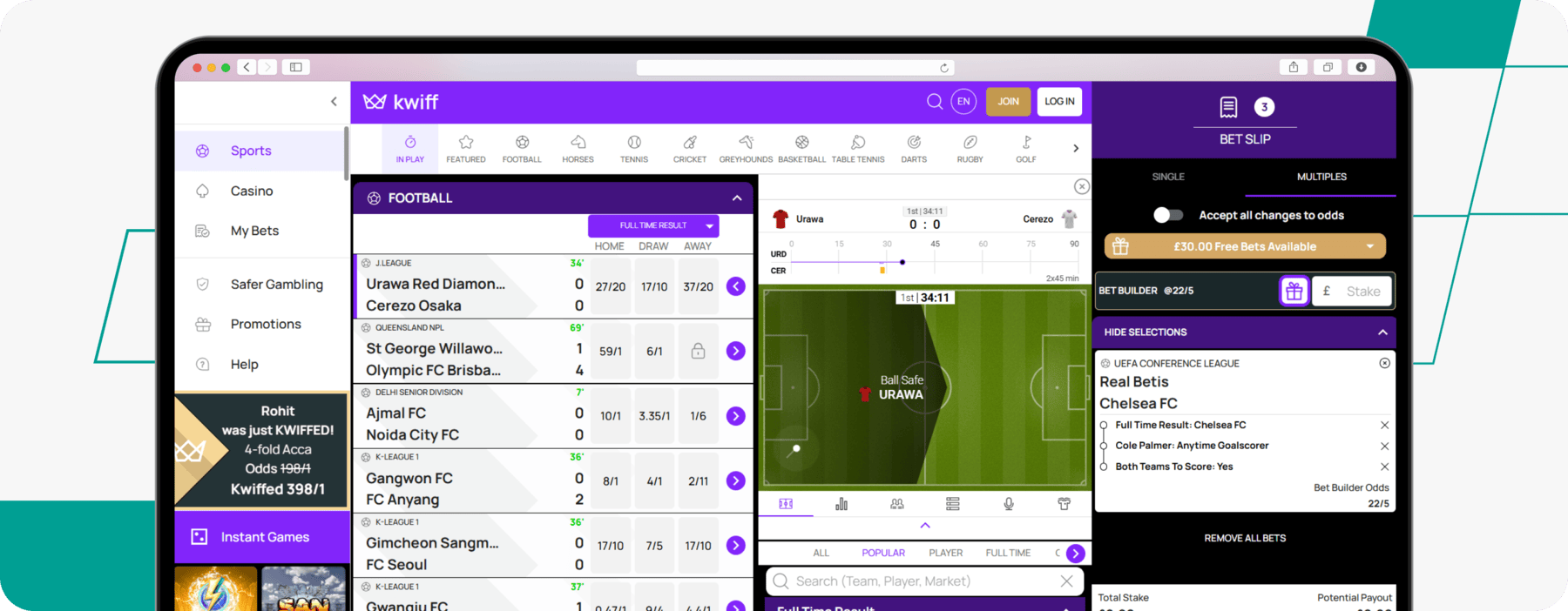 screenshot of kwiff football live betting