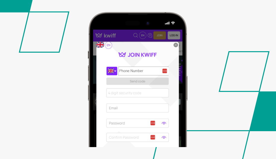 screenshot of kwiff registration process step 2