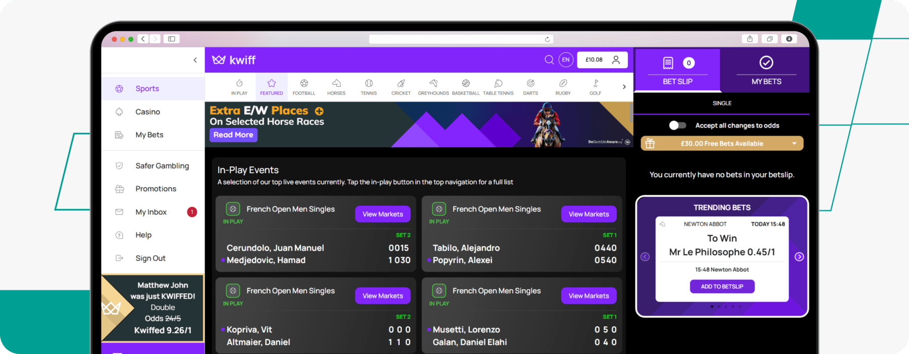 screenshot of kwiff sportsbook homepage