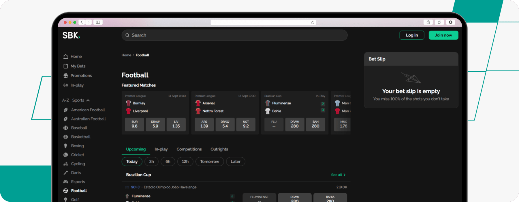 screenshot of sbk football betting page